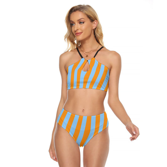 Blue and Orange Stripe Cami Keyhole Bikini